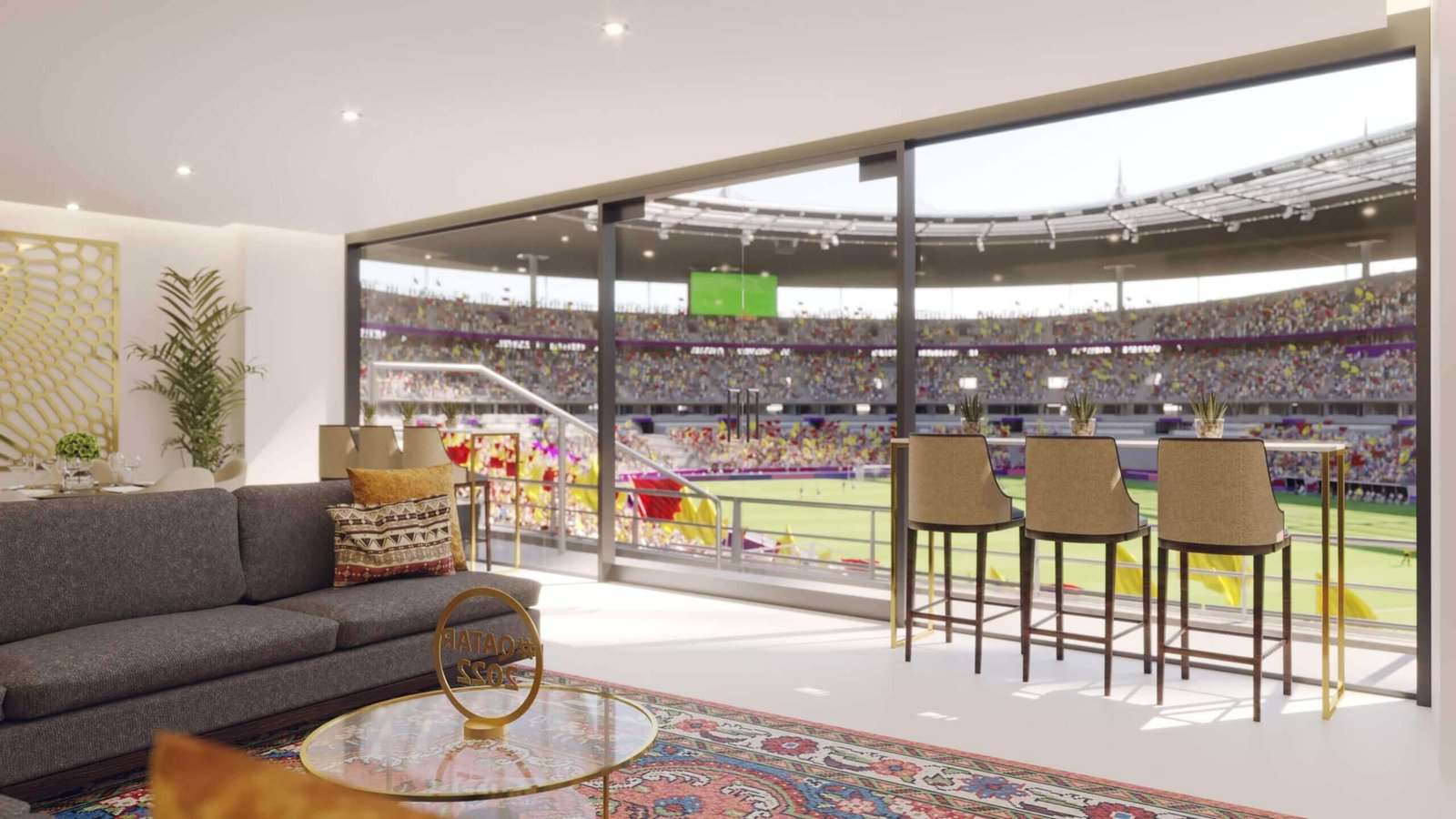 a living room with a couch and a table in front of a football stadium